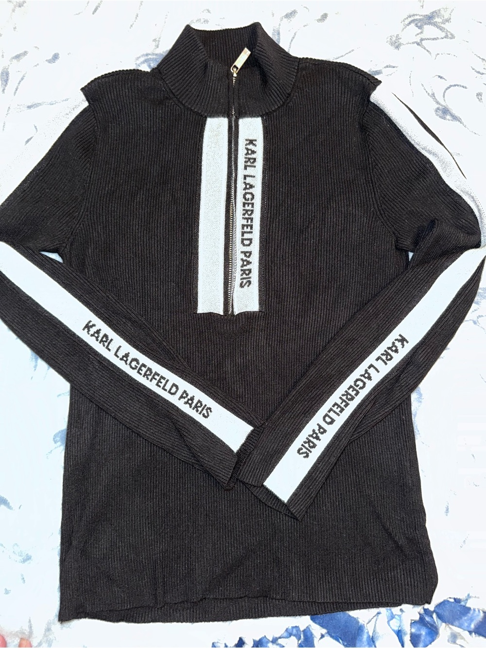 Karl Lagerfeld Paris Women’s Black Zip-Up Logo Sweater